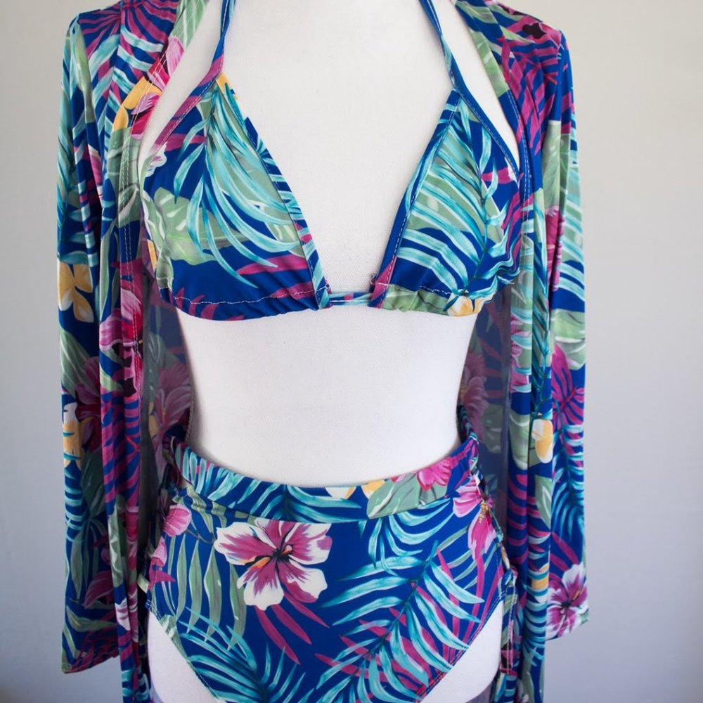 NWOT Tropical 3-Piece Bikini w/Cover-up Kimono- L - Picture 4 of 12